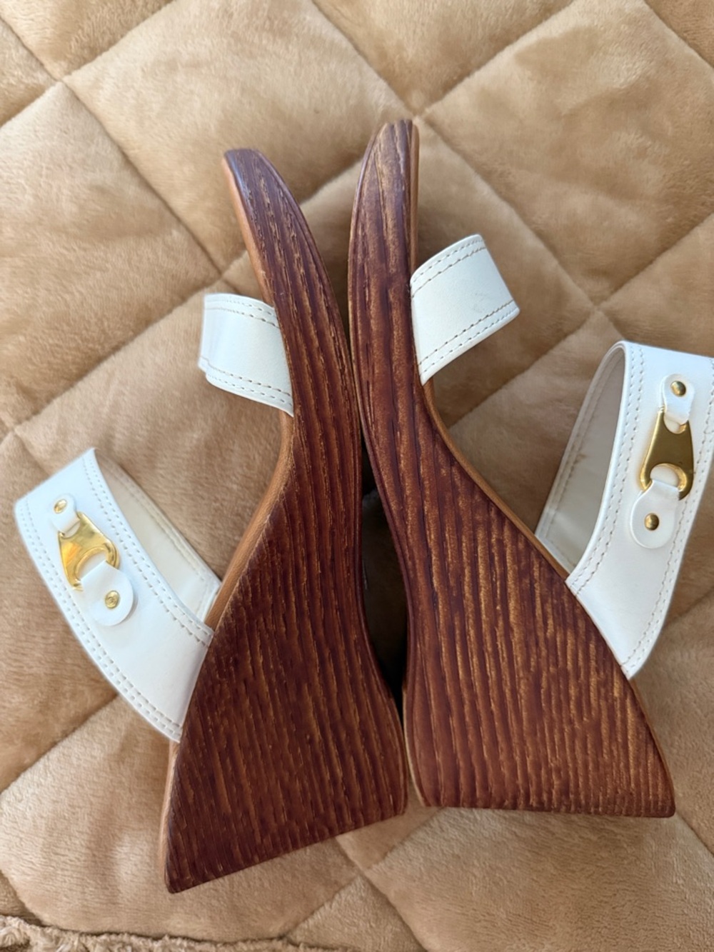 White Leather Double-Strap Wedge Slide Sandals with Gold Accent - Picture 5 of 6